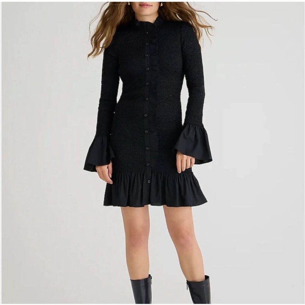 J. Crew Factory Black Textured Ruffle Mini Dress